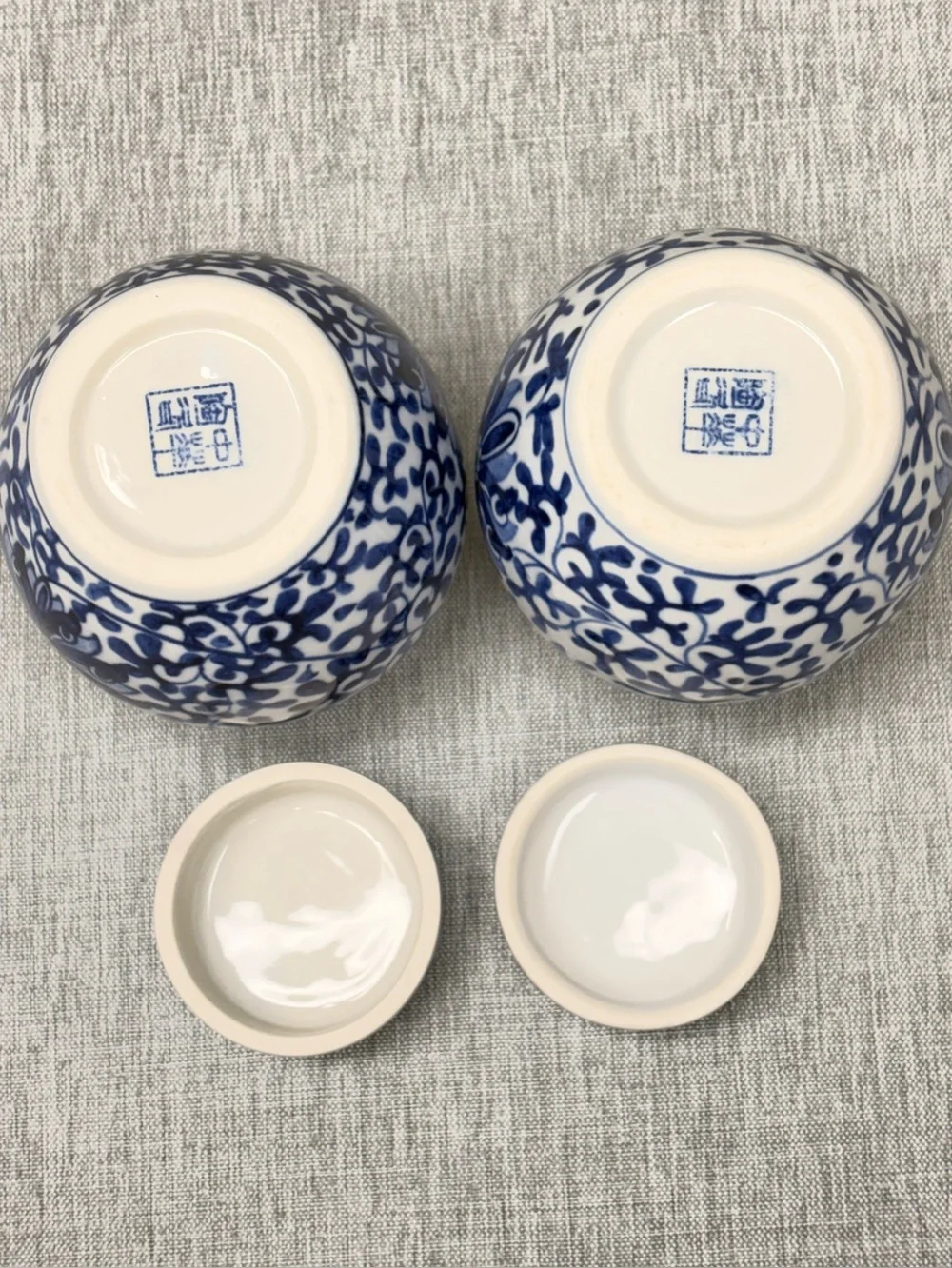 Vintage Miniature Blue and White Ceramic Ginger Jars with lids  Set of 2